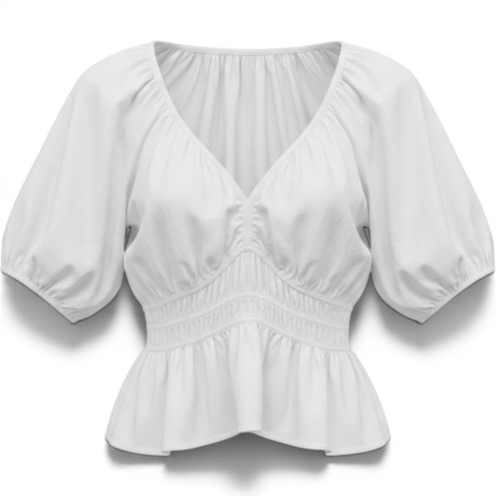 Old Navy Womens White Puff Sleeve Smocked V-Neck Peplum Blouse Top Large